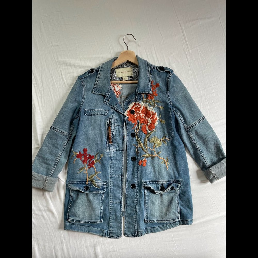 Anthropologie Denim Jacket with Floral Embroidery